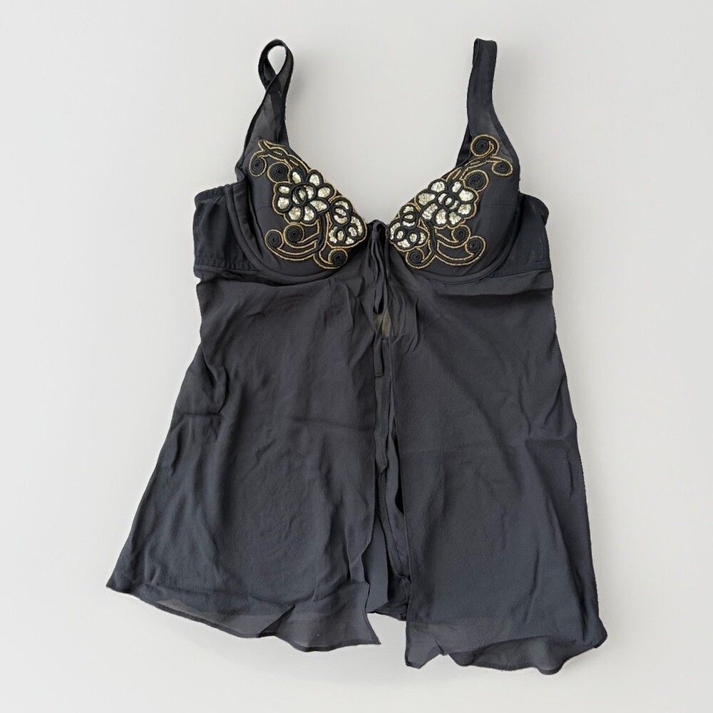 Vtg Fredericks of Hollywood Jacalyn Bennett Black Silk Babydoll Chemise XL Bead